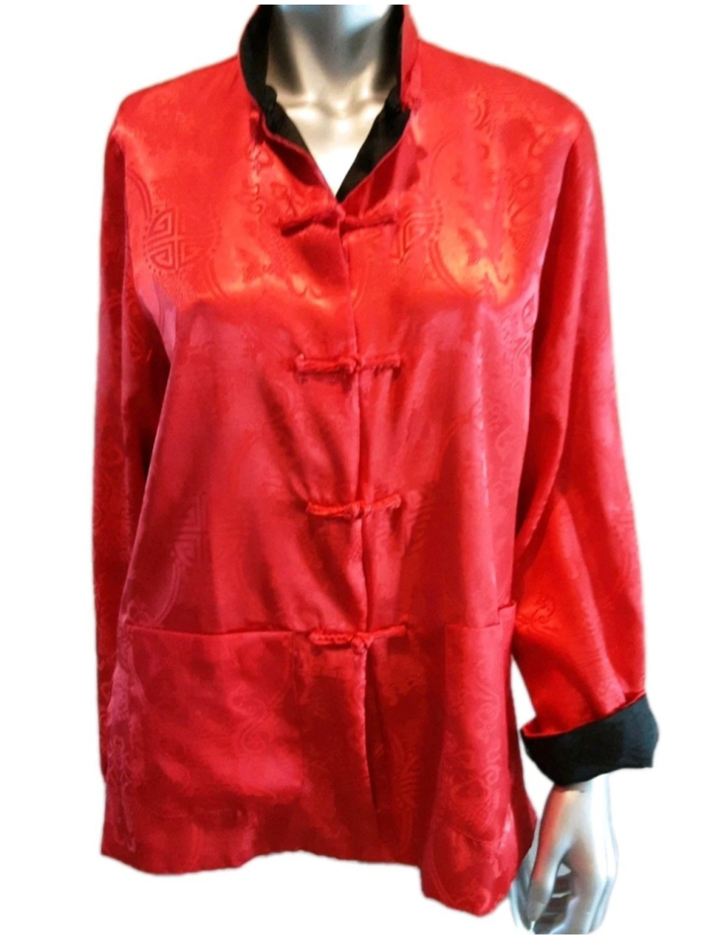 MANDARIN JACKET REVERSIBLE-RED-BLACK Oriental Tonal Print Pockets Sz S-M